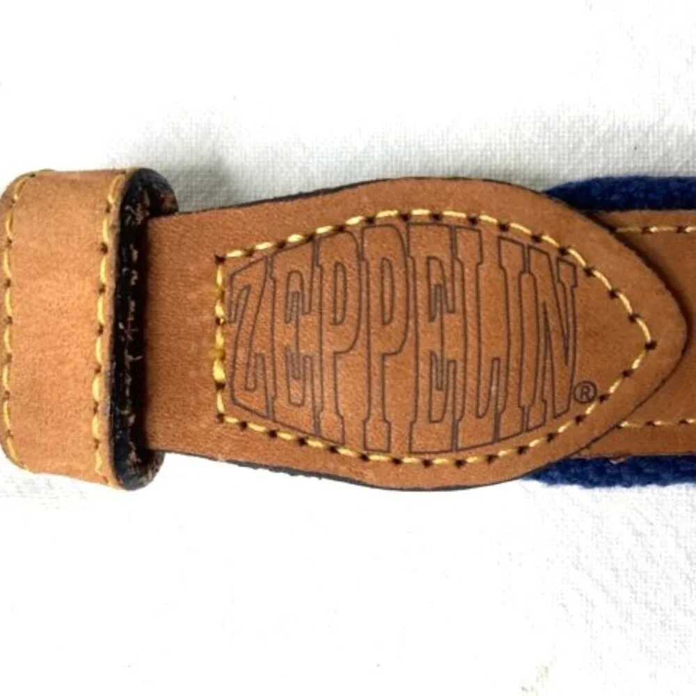 Zeppelin Men's Belt Sz‎ 34 Solid Brass Buckle Blue Brown Nautical Flag Print USA